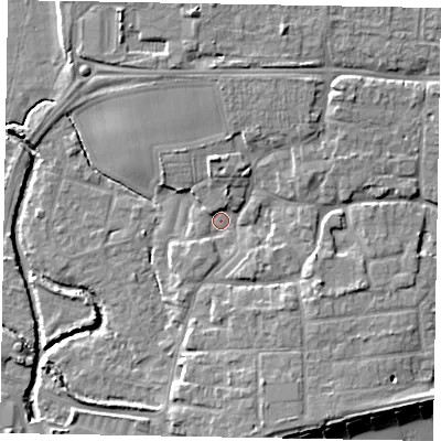 Shaded relief map of the ground around PO227NT, computed from Environment Agency LiDAR. The ground here sits at about 3 m above sea level and falls 8 m across the surrounding 800 m. Surface water reaching this point runs off ground lying to the north-north-east, 4.0 m higher.
