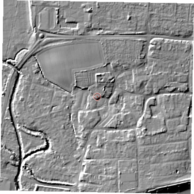 Shaded relief map of the ground around PO227NU, computed from Environment Agency LiDAR. The ground here sits at about 4 m above sea level and falls 8 m across the surrounding 800 m. Surface water reaching this point runs off ground lying to the north-north-east, 4.0 m higher.