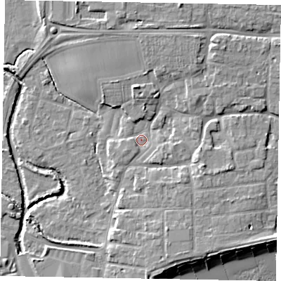 Shaded relief map of the ground around PO227NX, computed from Environment Agency LiDAR. The ground here sits at about 3 m above sea level and falls 8 m across the surrounding 800 m. Surface water reaching this point runs off ground lying to the north-east, 3.2 m higher.
