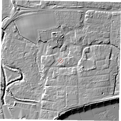 Shaded relief map of the ground around PO227NZ, computed from Environment Agency LiDAR. The ground here sits at about 3 m above sea level and falls 9 m across the surrounding 800 m. Surface water reaching this point runs off ground lying to the south-south-east, 1.6 m higher.