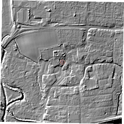 Shaded relief map of the ground around PO227PA, computed from Environment Agency LiDAR. The ground here sits at about 4 m above sea level and falls 8 m across the surrounding 800 m. Surface water reaching this point runs off ground lying to the north-north-east, 4.0 m higher.