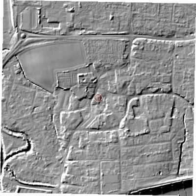 Shaded relief map of the ground around PO227PD, computed from Environment Agency LiDAR. The ground here sits at about 3 m above sea level and falls 8 m across the surrounding 800 m. Surface water reaching this point runs off ground lying to the north, 4.0 m higher.