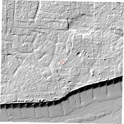 Shaded relief map of the ground around PO227RG, computed from Environment Agency LiDAR. The ground here sits at about 5 m above sea level and falls 10 m across the surrounding 800 m. Surface water reaching this point runs off ground lying to the south-south-west, 4.6 m higher.