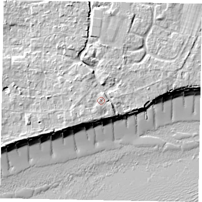 Shaded relief map of the ground around PO227RX, computed from Environment Agency LiDAR. The ground here sits at about 6 m above sea level and falls 10 m across the surrounding 800 m. Surface water reaching this point runs off ground lying to the west-south-west, 0.7 m higher.
