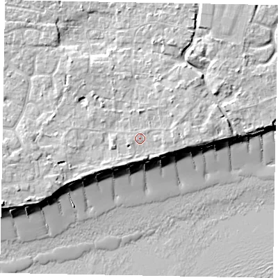 Shaded relief map of the ground around PO227RZ, computed from Environment Agency LiDAR. The ground here sits at about 5 m above sea level and falls 10 m across the surrounding 800 m. Surface water reaching this point runs off ground lying to the east, 1.8 m higher.