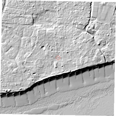 Shaded relief map of the ground around PO227SA, computed from Environment Agency LiDAR. The ground here sits at about 5 m above sea level and falls 10 m across the surrounding 800 m. Surface water reaching this point runs off ground lying to the east-north-east, 2.0 m higher.