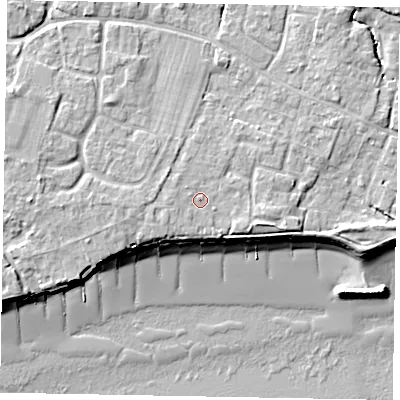 Shaded relief map of the ground around PO227TB, computed from Environment Agency LiDAR. The ground here sits at about 6 m above sea level and falls 10 m across the surrounding 800 m. Surface water reaching this point runs off ground lying to the west-south-west, 1.1 m higher.