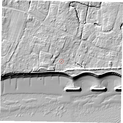 Shaded relief map of the ground around PO227TH, computed from Environment Agency LiDAR. The ground here sits at about 4 m above sea level and falls 10 m across the surrounding 800 m. Surface water reaching this point runs off ground lying to the west-south-west, 3.7 m higher.