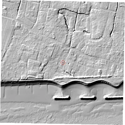 Shaded relief map of the ground around PO227TS, computed from Environment Agency LiDAR. The ground here sits at about 4 m above sea level and falls 10 m across the surrounding 800 m. Surface water reaching this point runs off ground lying to the west-south-west, 3.7 m higher.
