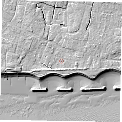 Shaded relief map of the ground around PO227TT, computed from Environment Agency LiDAR. The ground here sits at about 4 m above sea level and falls 10 m across the surrounding 800 m. Surface water reaching this point runs off ground lying to the south, 2.4 m higher.
