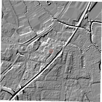 Shaded relief map of the ground around PO228AB, computed from Environment Agency LiDAR. The ground here sits at about 5 m above sea level and falls 11 m across the surrounding 800 m. Surface water reaching this point runs off ground lying to the south-south-west, 2.1 m higher.