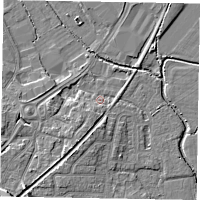 Shaded relief map of the ground around PO228AD, computed from Environment Agency LiDAR. The ground here sits at about 3 m above sea level and falls 11 m across the surrounding 800 m. Surface water reaching this point runs off ground lying to the south-west, 7.2 m higher.