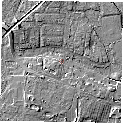 Shaded relief map of the ground around PO228AP, computed from Environment Agency LiDAR. The ground here sits at about 4 m above sea level and falls 11 m across the surrounding 800 m. Surface water reaching this point runs off ground lying to the south-west, 2.9 m higher.