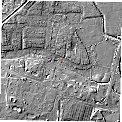 Shaded relief map of the ground around PO228AR, computed from Environment Agency LiDAR. The ground here sits at about 2 m above sea level and falls 10 m across the surrounding 800 m. Surface water reaching this point runs off ground lying to the south-west, 8.2 m higher.