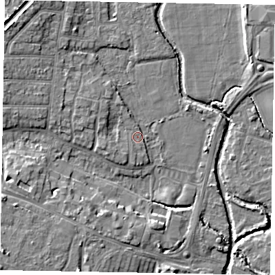 Shaded relief map of the ground around PO228AS, computed from Environment Agency LiDAR. The ground here sits at about 2 m above sea level and falls 8 m across the surrounding 800 m. Surface water reaching this point runs off ground lying to the west-south-west, 2.0 m higher.