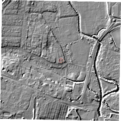 Shaded relief map of the ground around PO228AT, computed from Environment Agency LiDAR. The ground here sits at about 3 m above sea level and falls 8 m across the surrounding 800 m. The ground contributing surface water to this point lies to the north-west.