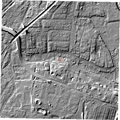 Shaded relief map of the ground around PO228AW, computed from Environment Agency LiDAR. The ground here sits at about 3 m above sea level and falls 11 m across the surrounding 800 m. Surface water reaching this point runs off ground lying to the south, 3.6 m higher.