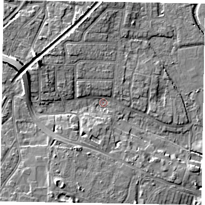 Shaded relief map of the ground around PO228AX, computed from Environment Agency LiDAR. The ground here sits at about 2 m above sea level and falls 12 m across the surrounding 800 m. Surface water reaching this point runs off ground lying to the west-north-west, 9.3 m higher.