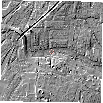 Shaded relief map of the ground around PO228AY, computed from Environment Agency LiDAR. The ground here sits at about 3 m above sea level and falls 10 m across the surrounding 800 m. Surface water reaching this point runs off ground lying to the west-north-west, 8.7 m higher.