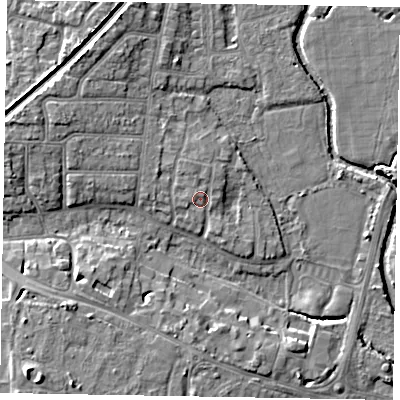 Shaded relief map of the ground around PO228BB, computed from Environment Agency LiDAR. The ground here sits at about 4 m above sea level and falls 10 m across the surrounding 800 m. Surface water reaching this point runs off ground lying to the north-north-west, 1.0 m higher.