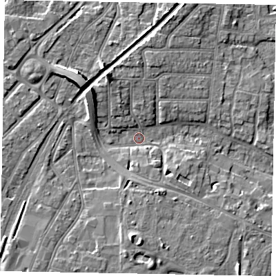 Shaded relief map of the ground around PO228BW, computed from Environment Agency LiDAR. The ground here sits at about 3 m above sea level and falls 10 m across the surrounding 800 m. Surface water reaching this point runs off ground lying to the north-west, 8.7 m higher.
