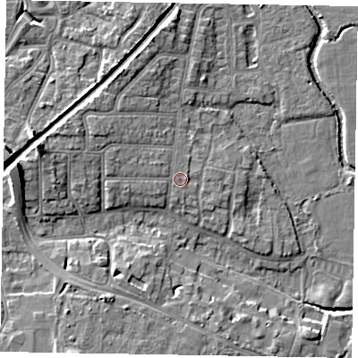 Shaded relief map of the ground around PO228BY, computed from Environment Agency LiDAR. The ground here sits at about 4 m above sea level and falls 12 m across the surrounding 800 m. Surface water reaching this point runs off ground lying to the west-north-west, 1.1 m higher.