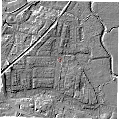 Shaded relief map of the ground around PO228DB, computed from Environment Agency LiDAR. The ground here sits at about 4 m above sea level and falls 12 m across the surrounding 800 m. Surface water reaching this point runs off ground lying to the west, 5.5 m higher.