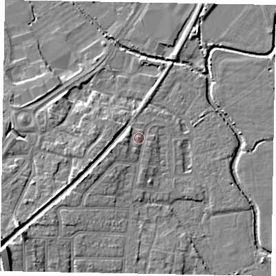 Shaded relief map of the ground around PO228DH, computed from Environment Agency LiDAR. The ground here sits at about 4 m above sea level and falls 12 m across the surrounding 800 m. Surface water reaching this point runs off ground lying to the south-west, 3.7 m higher.