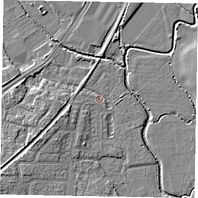 Shaded relief map of the ground around PO228DJ, computed from Environment Agency LiDAR. The ground here sits at about 2 m above sea level and falls 7 m across the surrounding 800 m. Surface water reaching this point runs off ground lying to the south-west, 5.6 m higher.