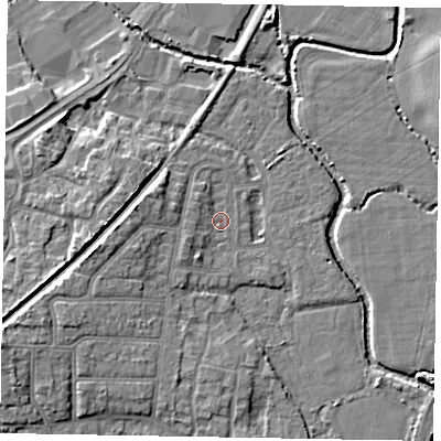 Shaded relief map of the ground around PO228DL, computed from Environment Agency LiDAR. The ground here sits at about 2 m above sea level and falls 7 m across the surrounding 800 m. Surface water reaching this point runs off ground lying to the north-west, 1.6 m higher.