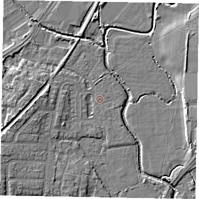Shaded relief map of the ground around PO228DN, computed from Environment Agency LiDAR. The ground here sits at about 2 m above sea level and falls 7 m across the surrounding 800 m. Surface water reaching this point runs off ground lying to the west-south-west, 2.9 m higher.