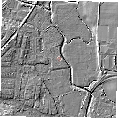 Shaded relief map of the ground around PO228DP, computed from Environment Agency LiDAR. The ground here sits at about 2 m above sea level and falls 7 m across the surrounding 800 m. Surface water reaching this point runs off ground lying to the east-south-east, 1.1 m higher.