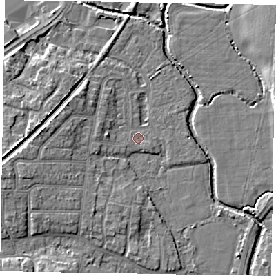 Shaded relief map of the ground around PO228DR, computed from Environment Agency LiDAR. The ground here sits at about 2 m above sea level and falls 7 m across the surrounding 800 m. Surface water reaching this point runs off ground lying to the west-north-west, 2.1 m higher.