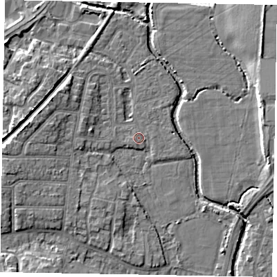 Shaded relief map of the ground around PO228DS, computed from Environment Agency LiDAR. The ground here sits at about 2 m above sea level and falls 7 m across the surrounding 800 m. Surface water reaching this point runs off ground lying to the west-south-west, 1.0 m higher.