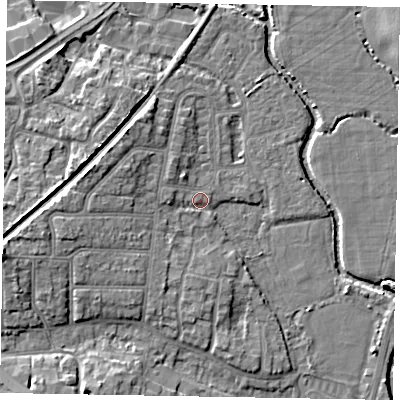 Shaded relief map of the ground around PO228DT, computed from Environment Agency LiDAR. The ground here sits at about 3 m above sea level and falls 8 m across the surrounding 800 m. Surface water reaching this point runs off ground lying to the west, 3.9 m higher.