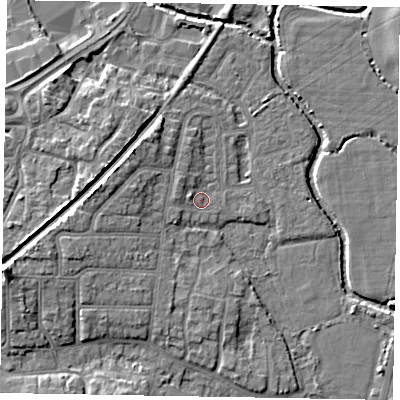 Shaded relief map of the ground around PO228DU, computed from Environment Agency LiDAR. The ground here sits at about 3 m above sea level and falls 9 m across the surrounding 800 m. Surface water reaching this point runs off ground lying to the north-west, 1.8 m higher.