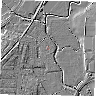 Shaded relief map of the ground around PO228DW, computed from Environment Agency LiDAR. The ground here sits at about 2 m above sea level and falls 7 m across the surrounding 800 m. Surface water reaching this point runs off ground lying to the north-north-west, 0.7 m higher.