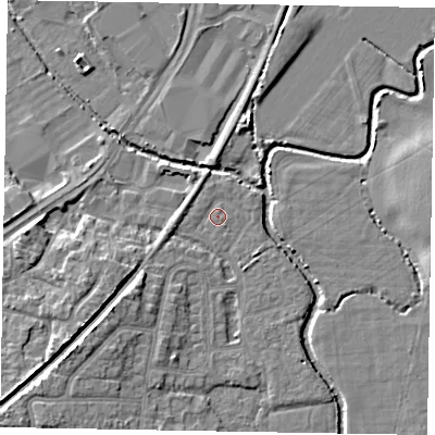 Shaded relief map of the ground around PO228DY, computed from Environment Agency LiDAR. The ground here sits at about 2 m above sea level and falls 7 m across the surrounding 800 m. Surface water reaching this point runs off ground lying to the west, 0.6 m higher.