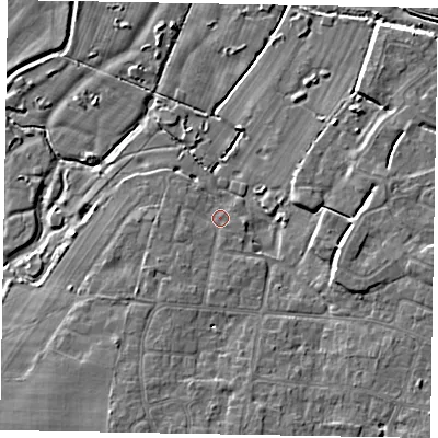 Shaded relief map of the ground around PO228EU, computed from Environment Agency LiDAR. The ground here sits at about 3 m above sea level and falls 6 m across the surrounding 800 m. Surface water reaching this point runs off ground lying to the south-south-west, 2.1 m higher.