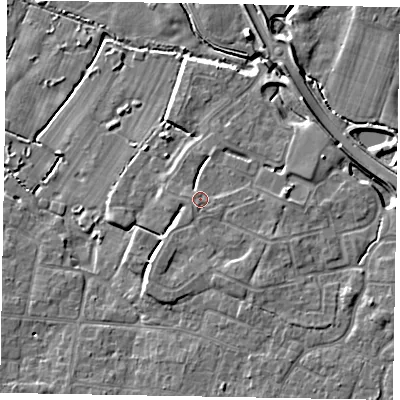 Shaded relief map of the ground around PO228FP, computed from Environment Agency LiDAR. The ground here sits at about 5 m above sea level and falls 7 m across the surrounding 800 m. Surface water reaching this point runs off ground lying to the south-south-west, 1.2 m higher.