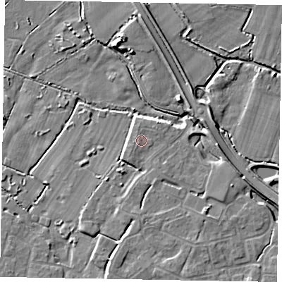 Shaded relief map of the ground around PO228FT, computed from Environment Agency LiDAR. The ground here sits at about 5 m above sea level and falls 7 m across the surrounding 800 m. Surface water reaching this point runs off ground lying to the south-west, 0.9 m higher.
