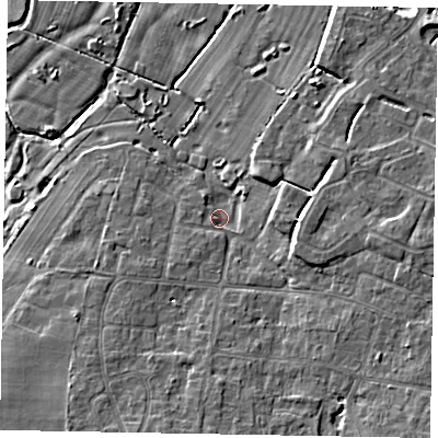 Shaded relief map of the ground around PO228JD, computed from Environment Agency LiDAR. The ground here sits at about 2 m above sea level and falls 6 m across the surrounding 800 m. Surface water reaching this point runs off ground lying to the east, 5.1 m higher.