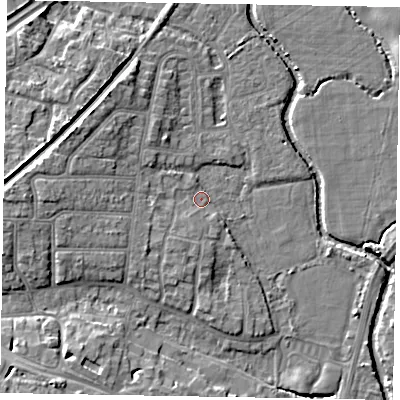 Shaded relief map of the ground around PO228PJ, computed from Environment Agency LiDAR. The ground here sits at about 2 m above sea level and falls 8 m across the surrounding 800 m. Surface water reaching this point runs off ground lying to the west, 4.6 m higher.