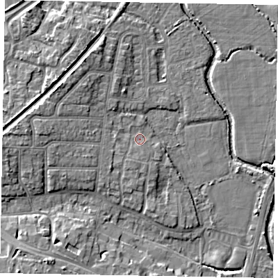 Shaded relief map of the ground around PO228PL, computed from Environment Agency LiDAR. The ground here sits at about 3 m above sea level and falls 8 m across the surrounding 800 m. Surface water reaching this point runs off ground lying to the west, 3.9 m higher.