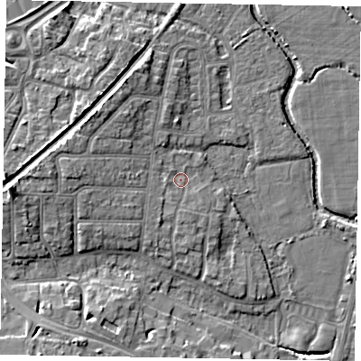 Shaded relief map of the ground around PO228PN, computed from Environment Agency LiDAR. The ground here sits at about 3 m above sea level and falls 9 m across the surrounding 800 m. Surface water reaching this point runs off ground lying to the west, 6.0 m higher.
