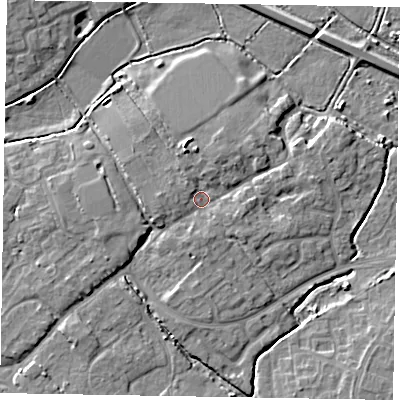 Shaded relief map of the ground around PO229AF, computed from Environment Agency LiDAR. The ground here sits at about 4 m above sea level and falls 7 m across the surrounding 800 m. Surface water reaching this point runs off ground lying to the west, 1.6 m higher.