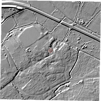 Shaded relief map of the ground around PO229AG, computed from Environment Agency LiDAR. The ground here sits at about 4 m above sea level and falls 7 m across the surrounding 800 m. Surface water reaching this point runs off ground lying to the west, 5.2 m higher.