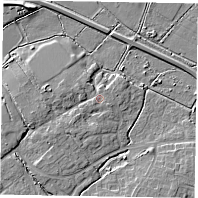 Shaded relief map of the ground around PO229AQ, computed from Environment Agency LiDAR. The ground here sits at about 4 m above sea level and falls 7 m across the surrounding 800 m. Surface water reaching this point runs off ground lying to the east-south-east, 1.4 m higher.