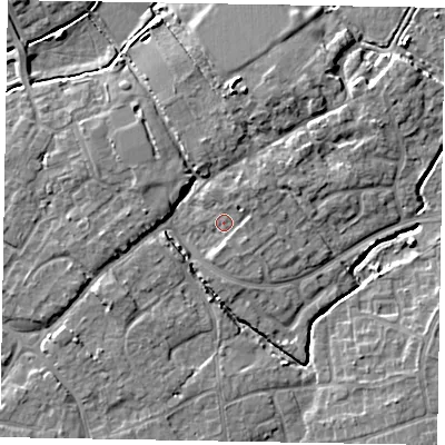 Shaded relief map of the ground around PO229BE, computed from Environment Agency LiDAR. The ground here sits at about 4 m above sea level and falls 7 m across the surrounding 800 m. Surface water reaching this point runs off ground lying to the west-north-west, 3.2 m higher.