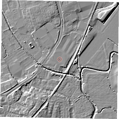 Shaded relief map of the ground around PO229FB, computed from Environment Agency LiDAR. The ground here sits at about 2 m above sea level and falls 7 m across the surrounding 800 m. The ground contributing surface water to this point lies to the north-north-west.